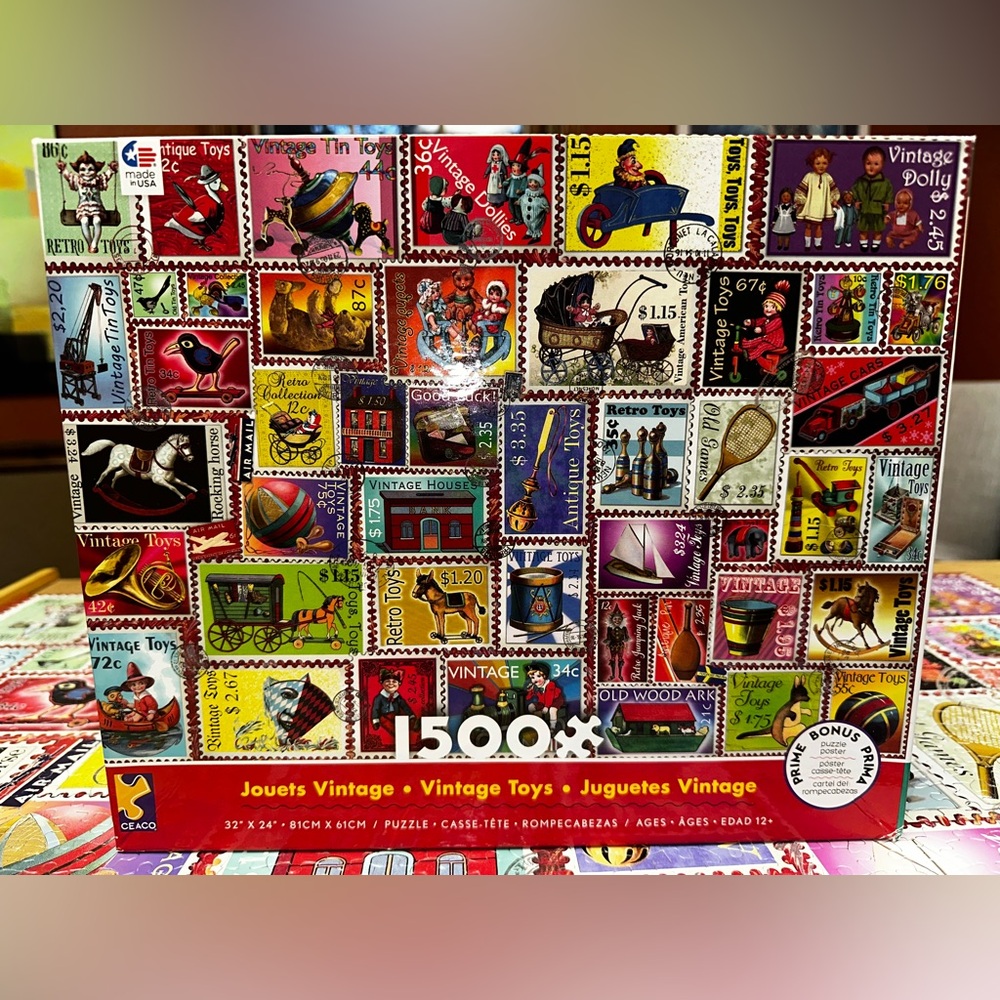 Ceaco Vintage Toys Stamps 1500pc Jigsaw Puzzle 34" x 24” 100% COMPLETE  MINT